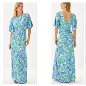 Lilly Pulitzer Parigi Boat Neck Maxi Dress Sunwashed Blue Plumes In Bloom NWT